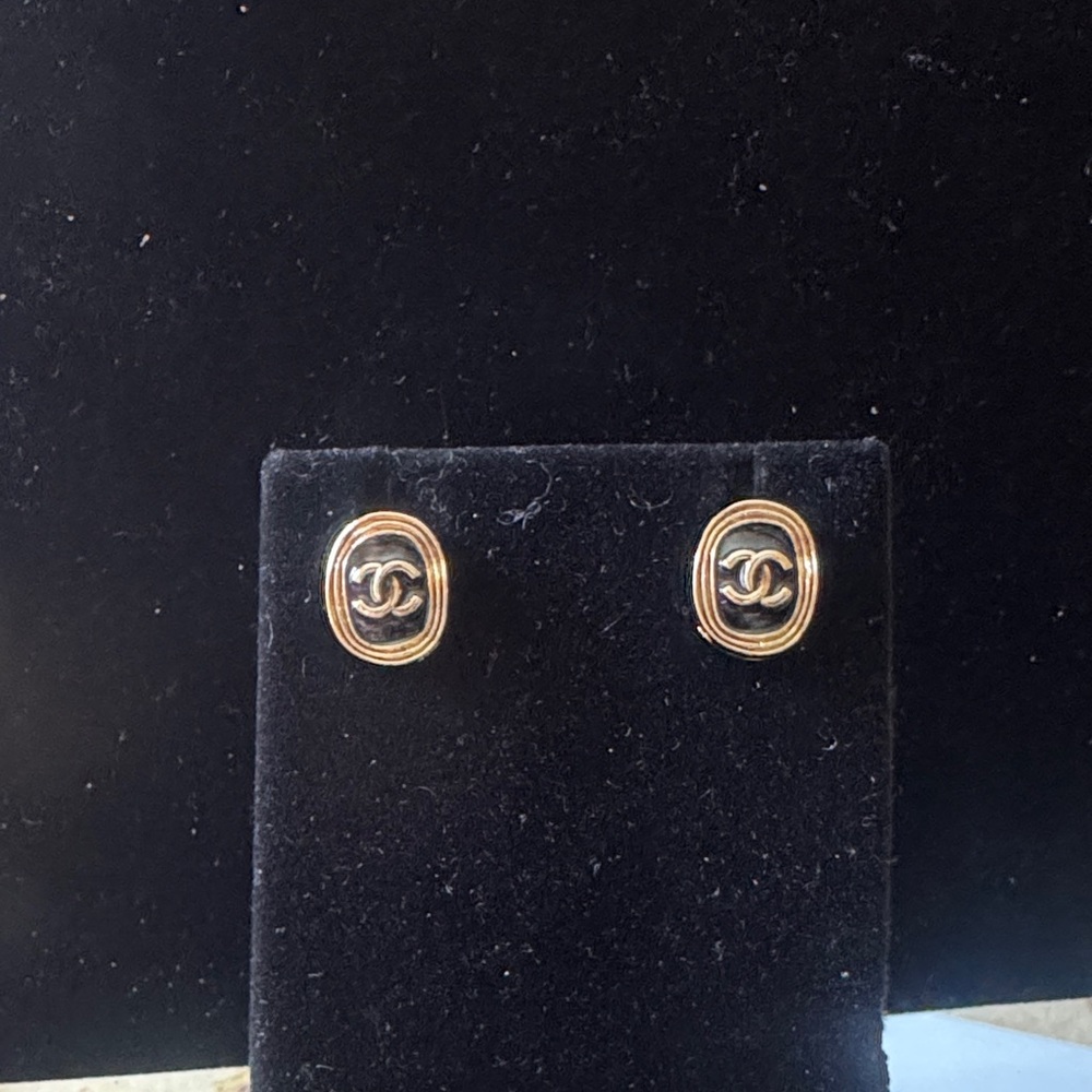 Chanel Gold and Black enamel Logo Oval Stud Earrings - signed in back